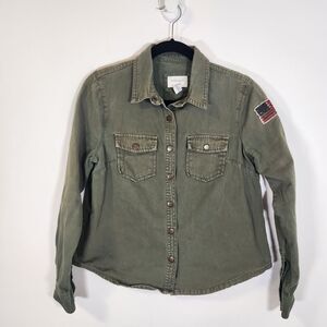 Forever 21 OD Green Military Style Beaded Flag Patch Jacket / Shirt SMALL